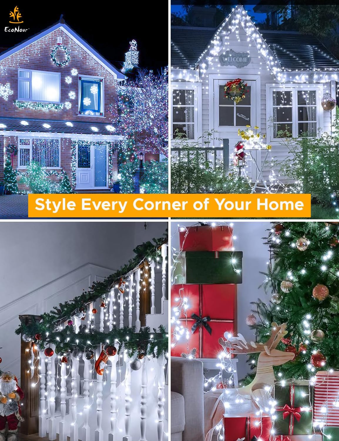 Christmas Icicle Lights Outdoor – EcoNour 240 LED Cool White Lights