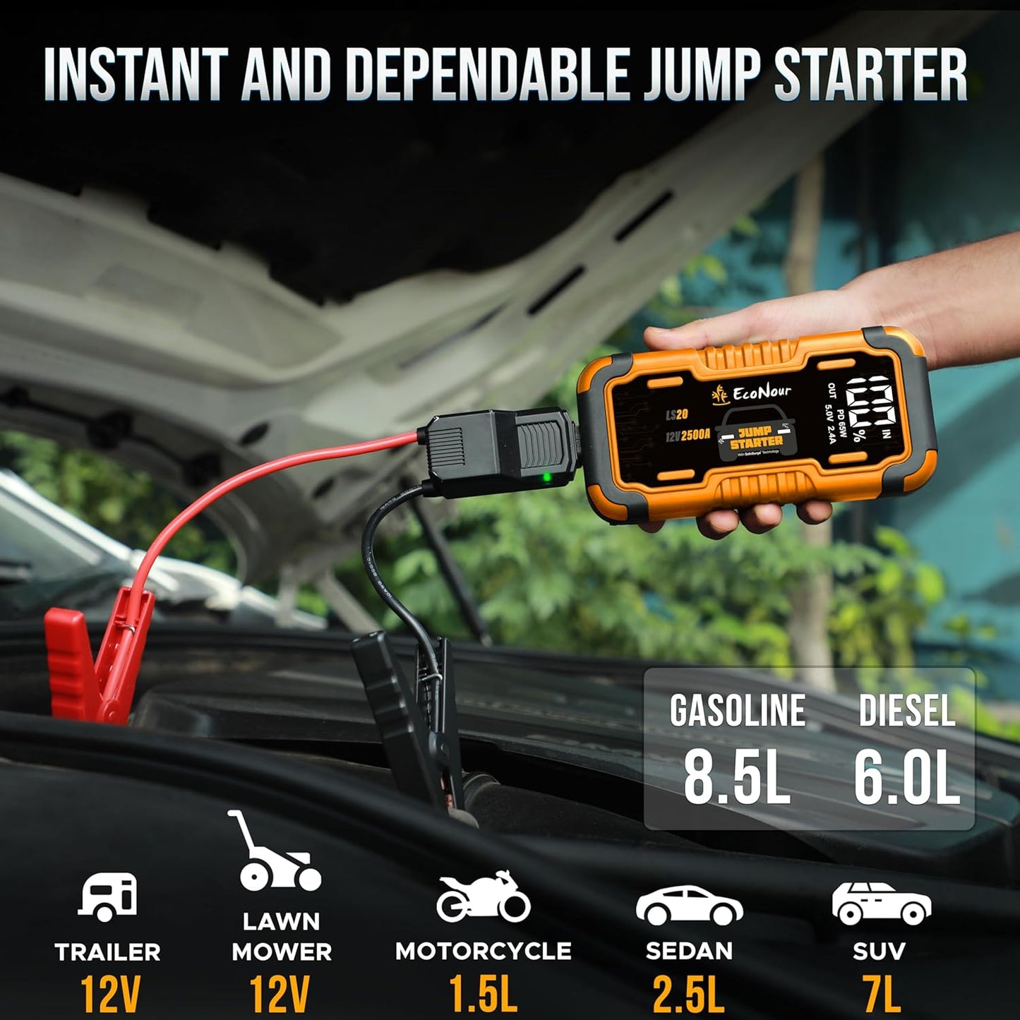2500A Portable Car Jump Starter | EcoNour 12V Battery Booster Pack