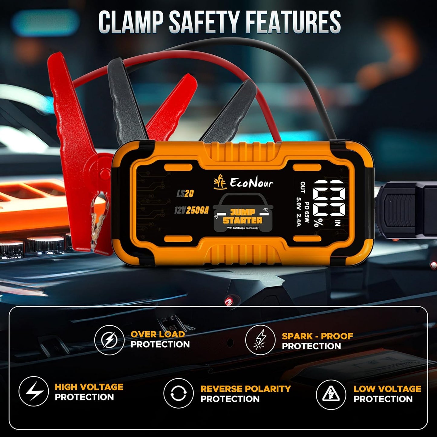 2500A Portable Car Jump Starter | EcoNour 12V Battery Booster Pack