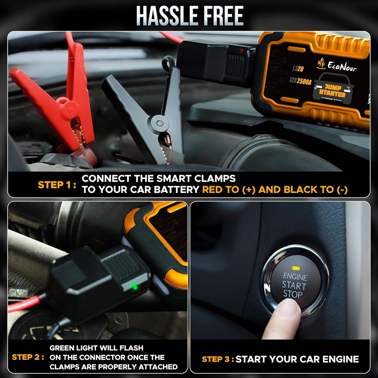 2500A Portable Car Jump Starter | EcoNour 12V Battery Booster Pack