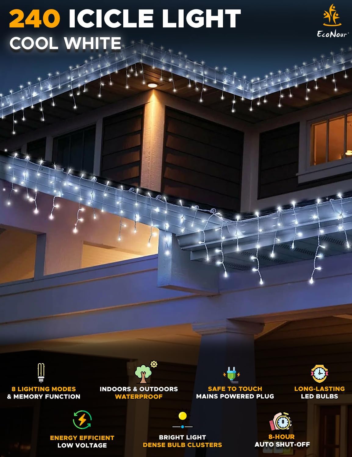 Christmas Icicle Lights Outdoor – EcoNour 240 LED Cool White Lights