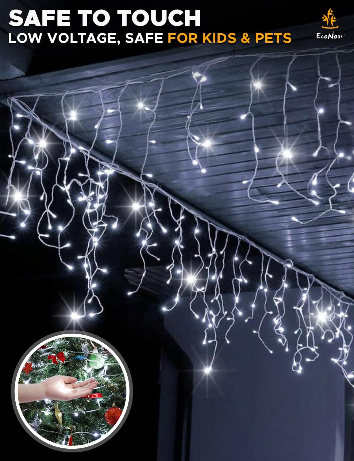 Christmas Icicle Lights Outdoor – EcoNour 240 LED Cool White Lights