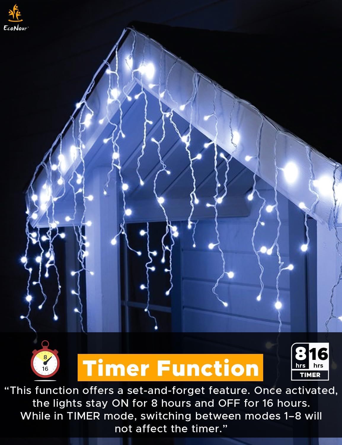 Christmas Icicle Lights Outdoor – EcoNour 240 LED Cool White Lights