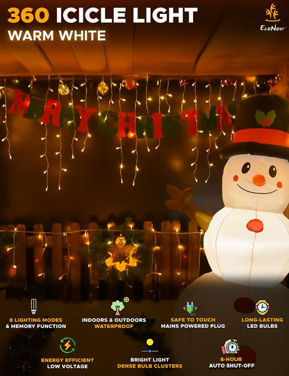 Icicle Christmas Lights Outdoor – EcoNour 360 LED Warm White