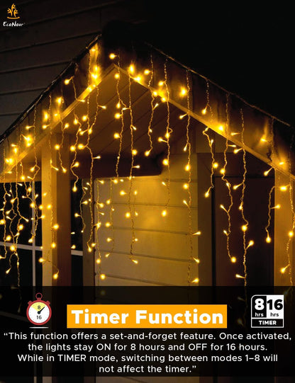 Warm White Icicle Christmas Lights – EcoNour 240 LED Outdoor
