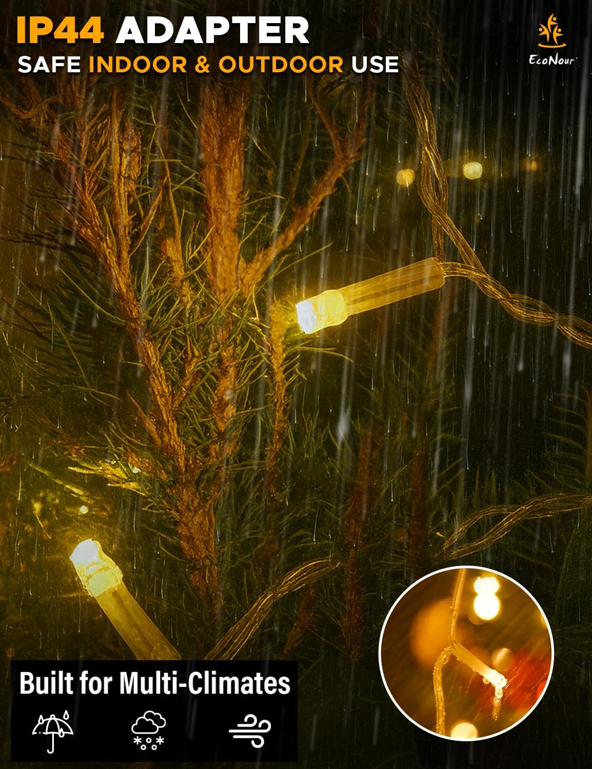 Warm White Icicle Christmas Lights – EcoNour 240 LED Outdoor