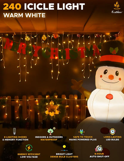 Warm White Icicle Christmas Lights – EcoNour 240 LED Outdoor