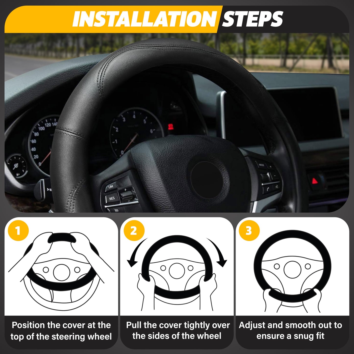 Car Steering Wheel Cover Black PU (14.5"-15") Fits Black | EcoNour