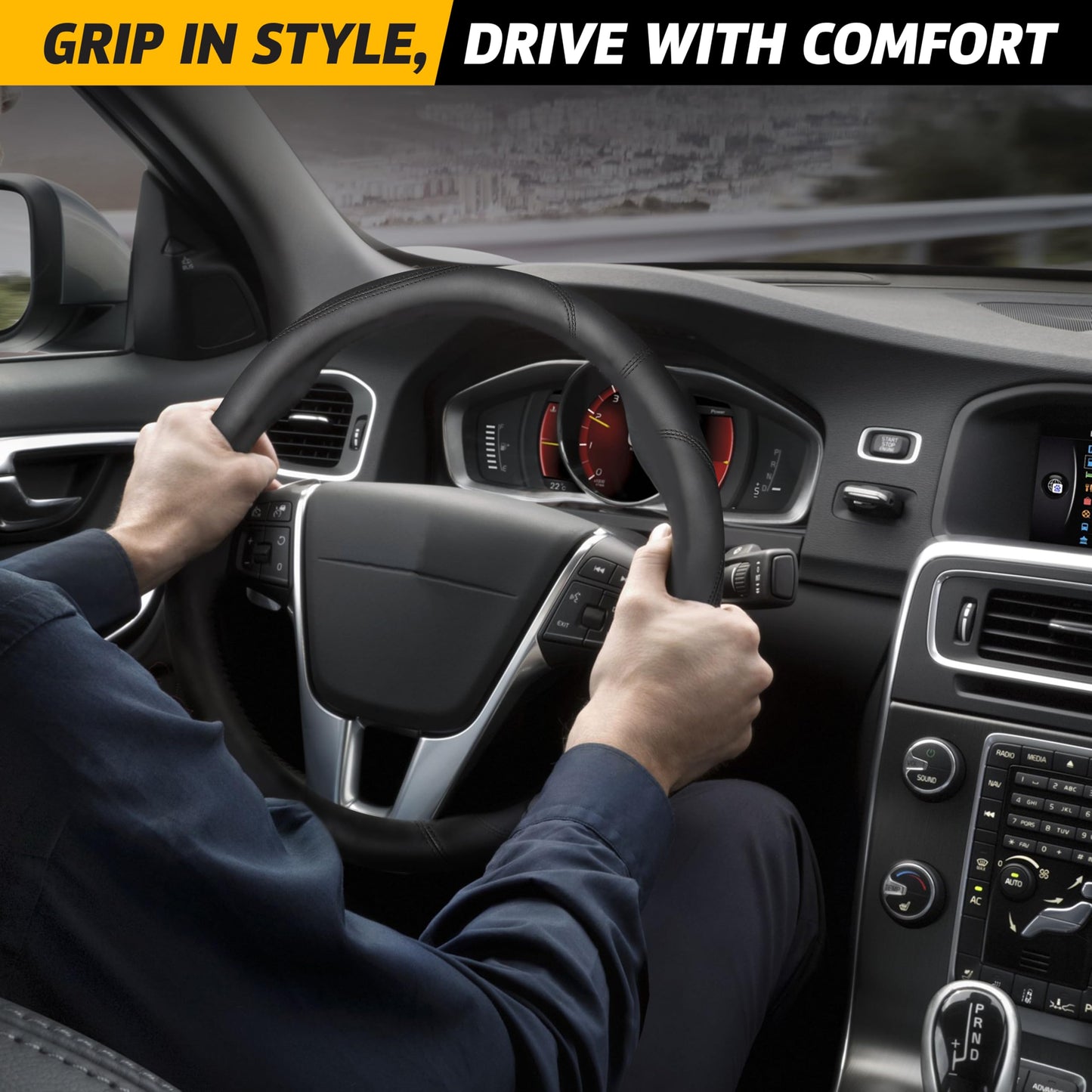 Car Steering Wheel Cover Black PU (14.5"-15") Fits Black | EcoNour