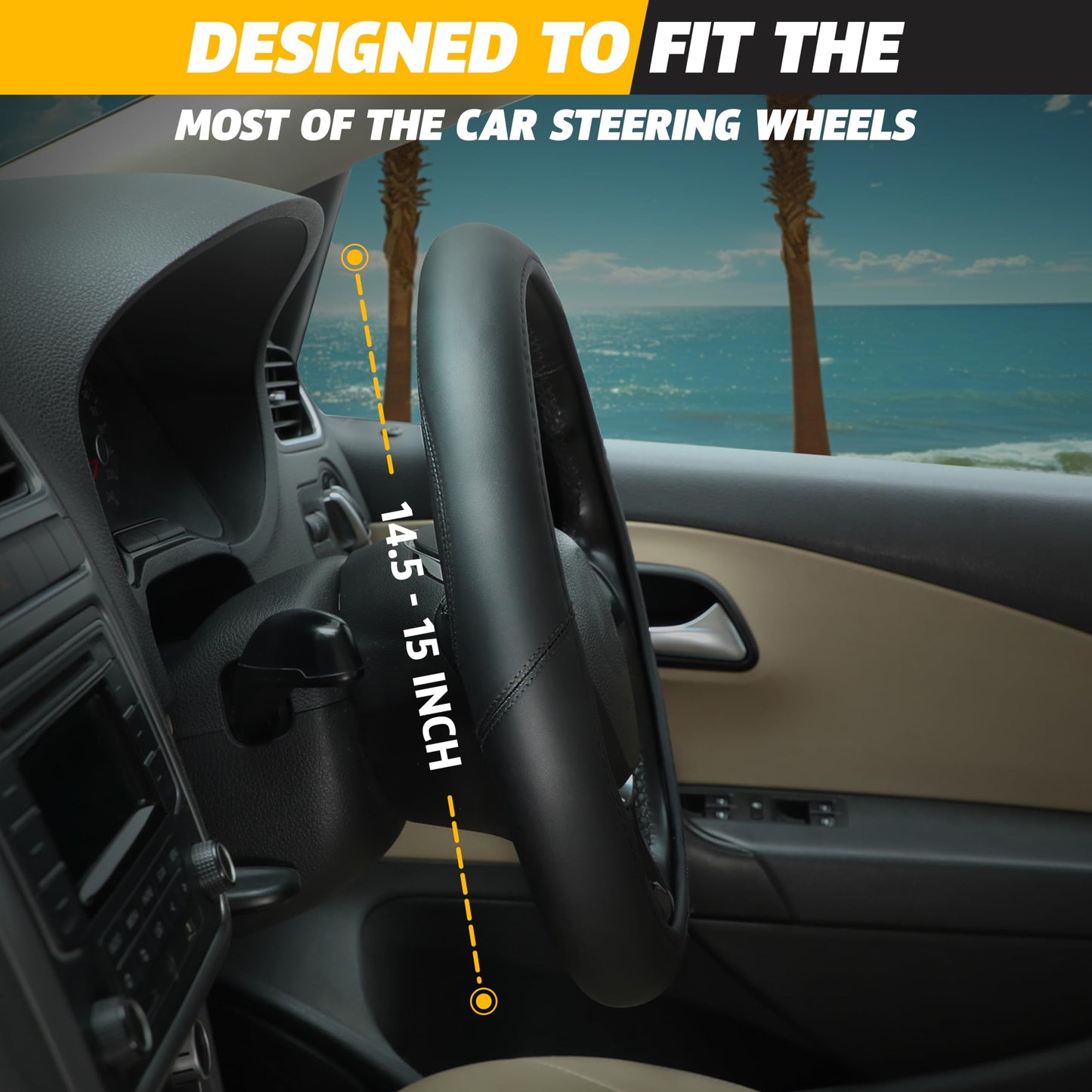 Car Steering Wheel Cover Black PU (14.5"-15") Fits Black | EcoNour