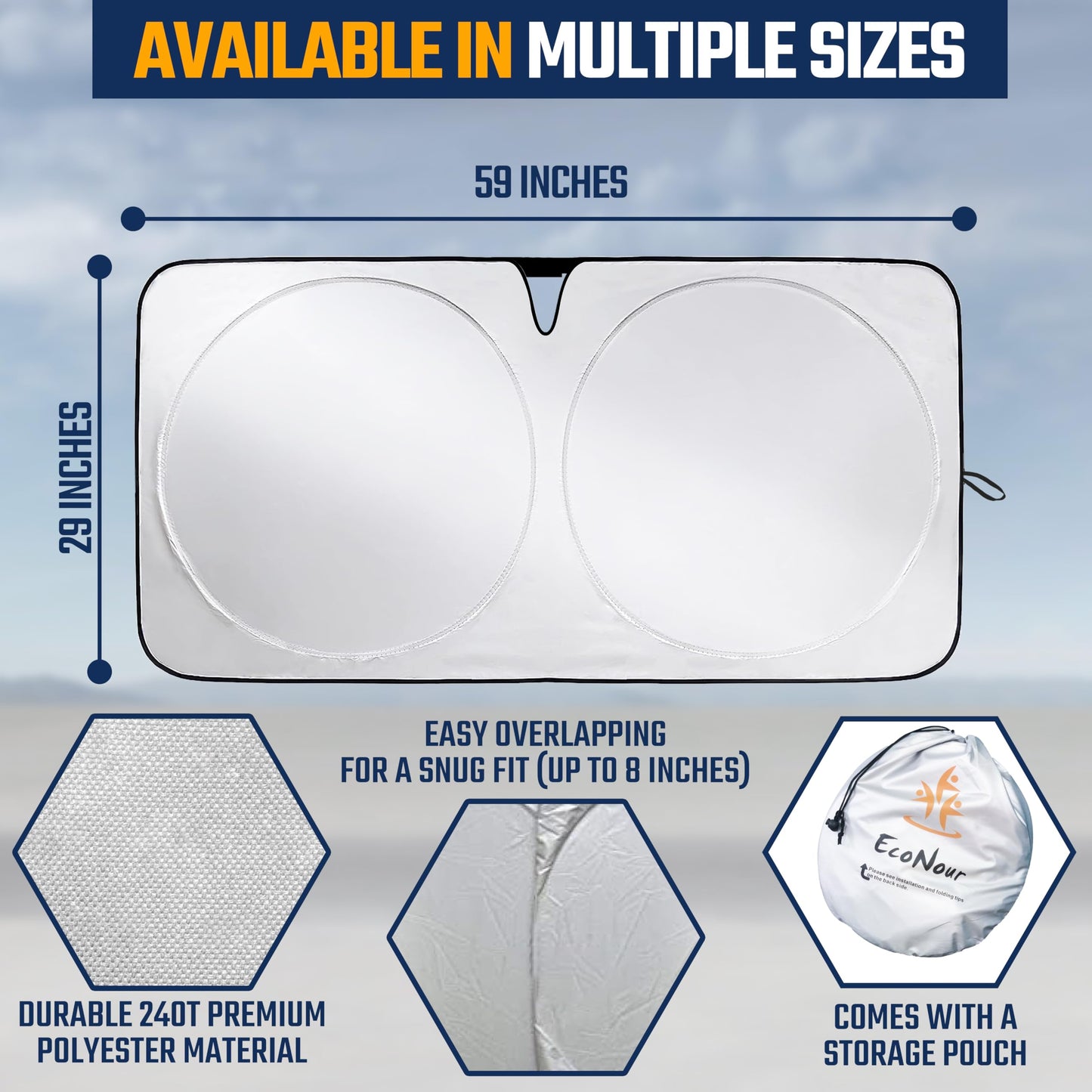 Car Windshield Sunshade with Mirror Cut Small (59"x29") | EcoNour 240T