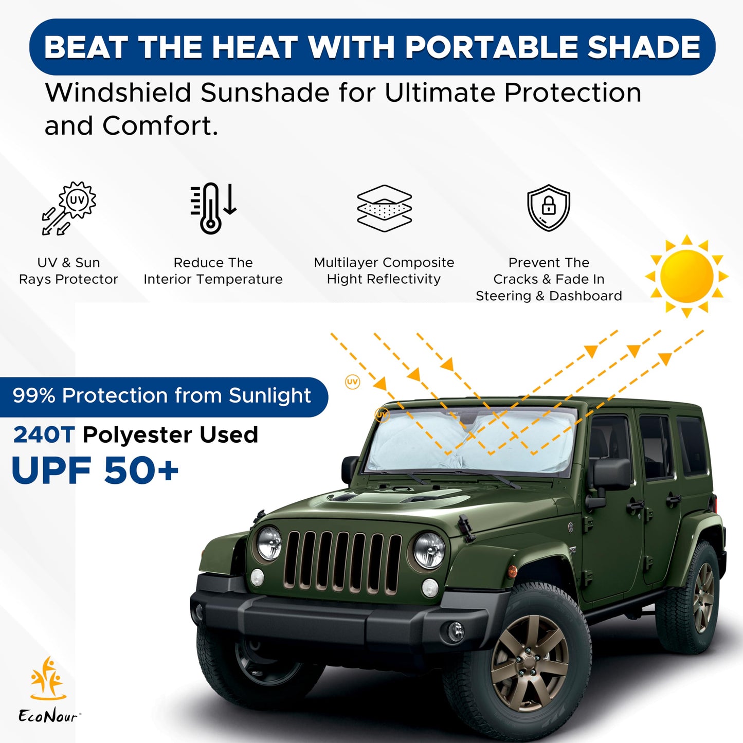 Jeep Wrangler Windshield Sunshade X-Small (59.5" x 20.5") | EcoNour