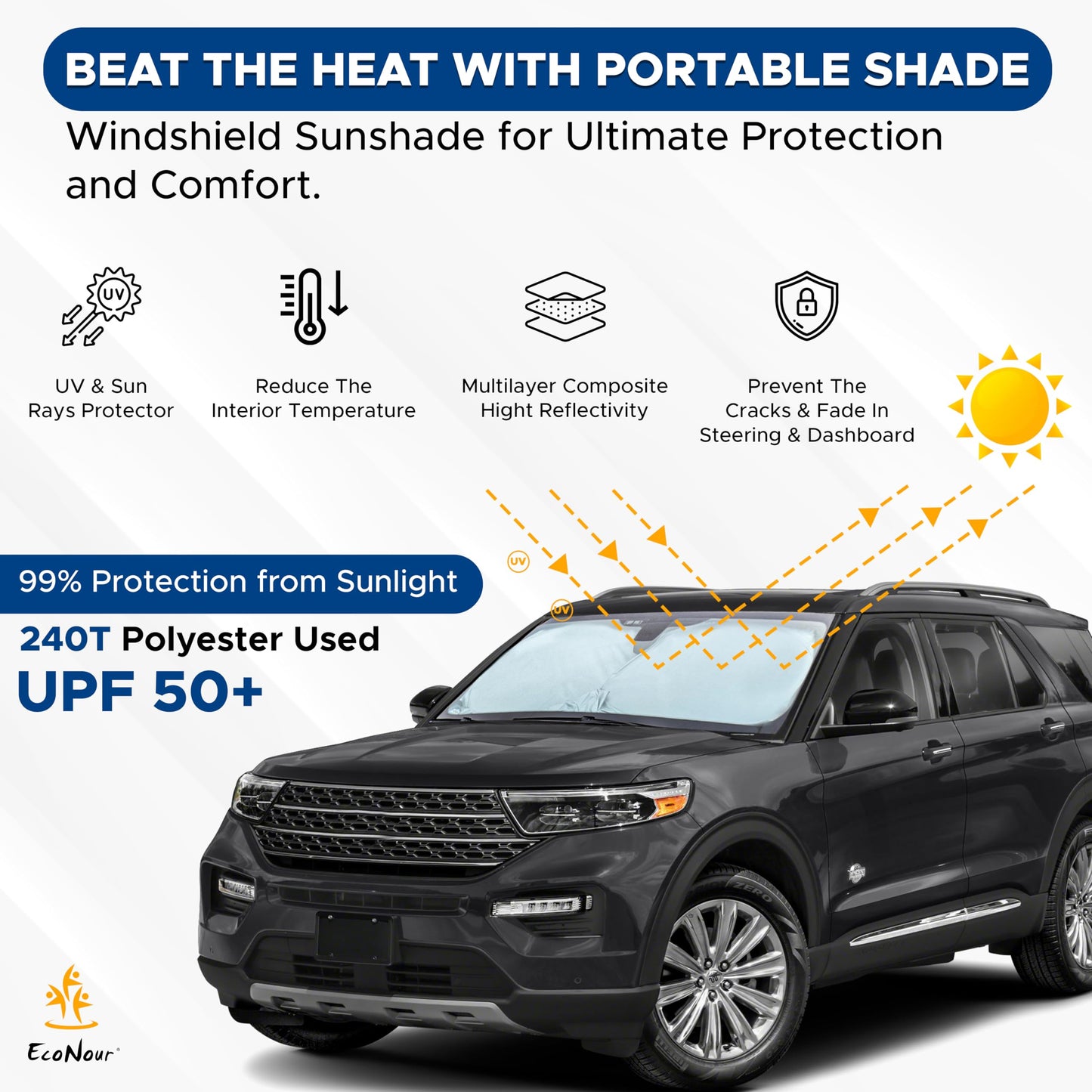 Windshield Sun Shade with Mirror Cut Large (64" x 34") | EcoNour