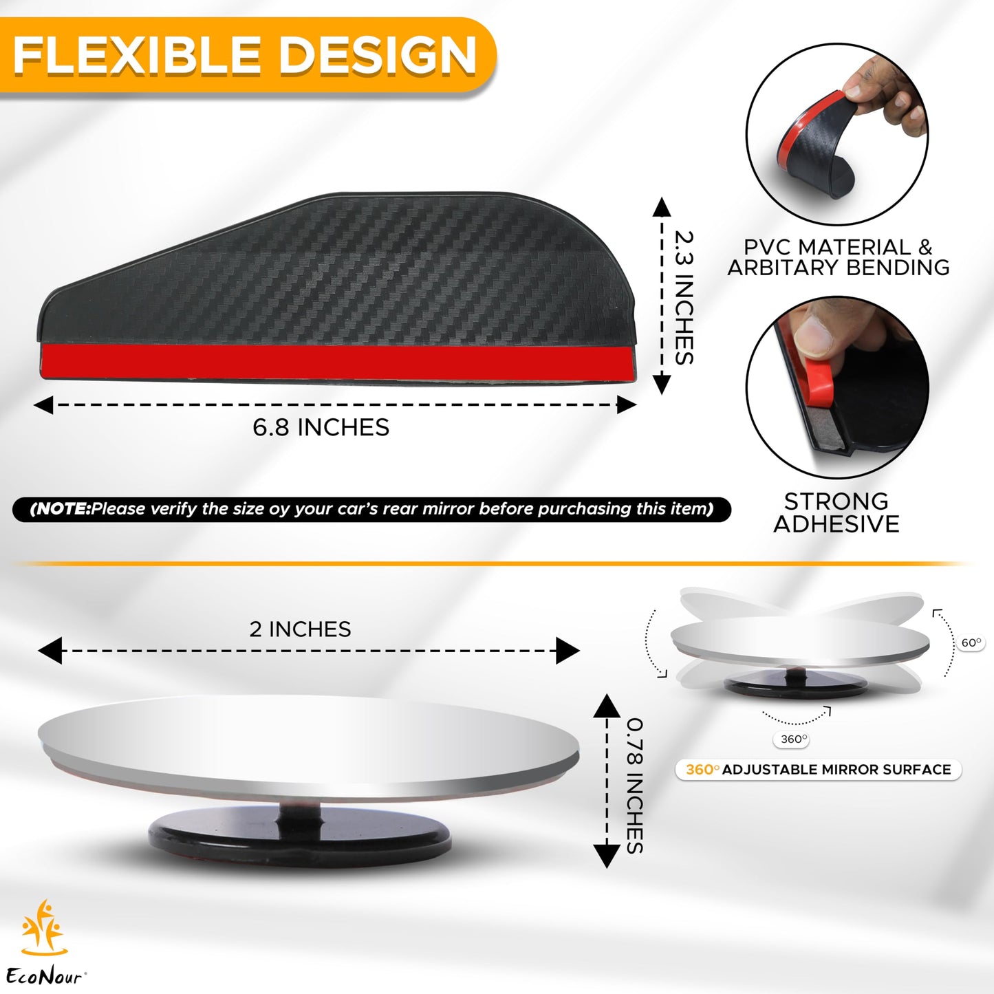 Car Blind Spot Mirrors (2 Pack) with Rain Visor | EcoNour 2" Round HD