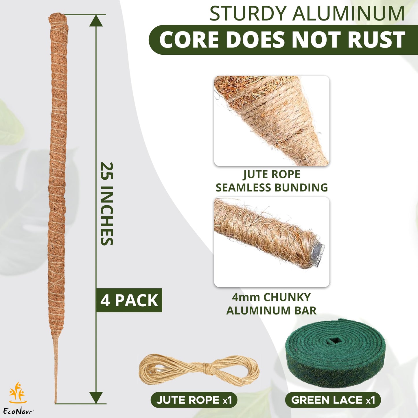 Moss Pole Monstera Plant Support 28" (4 Pack) Indoor Plants | EcoNour