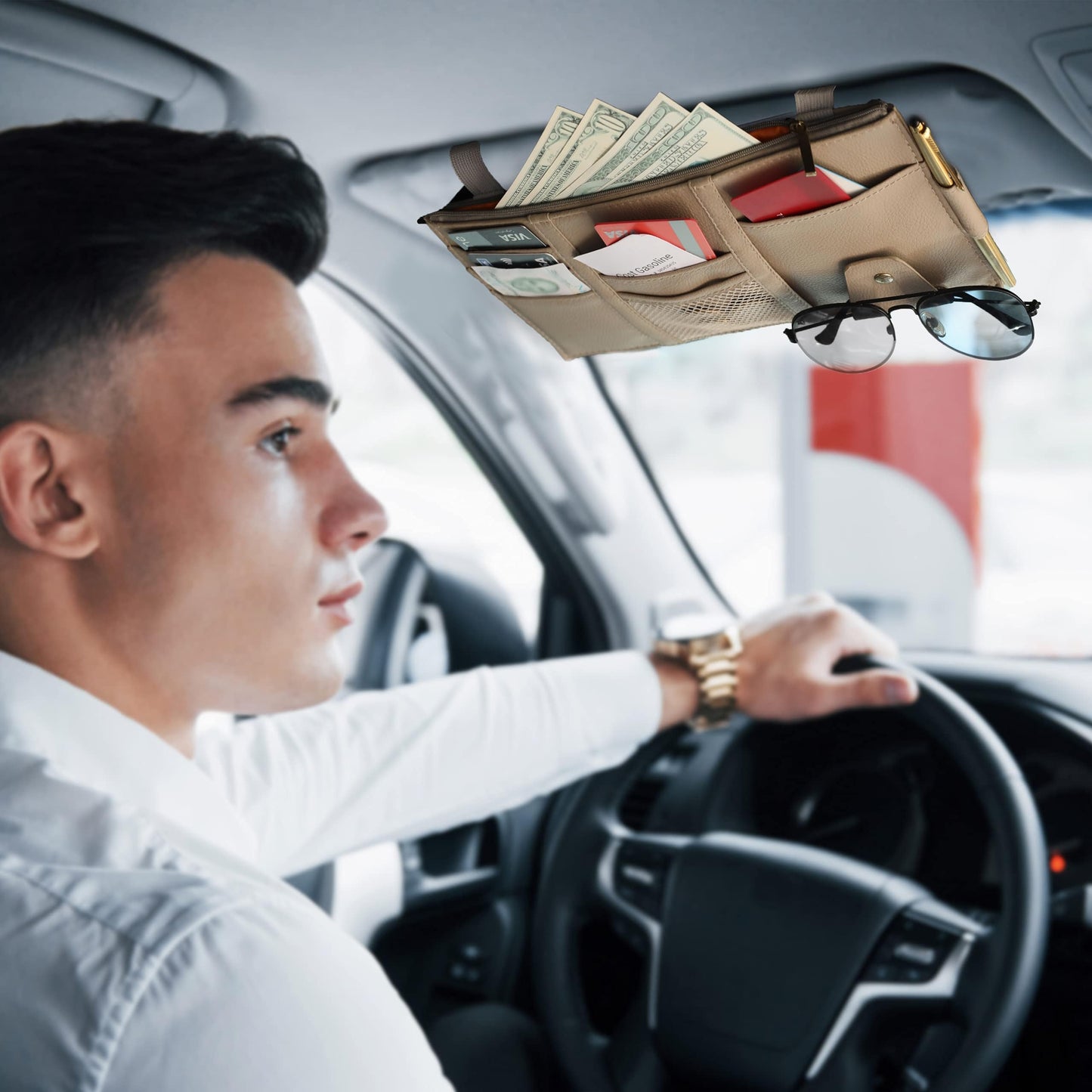 Car Sun Visor Organizer (Beige) Small | EcoNour Storage Pouch