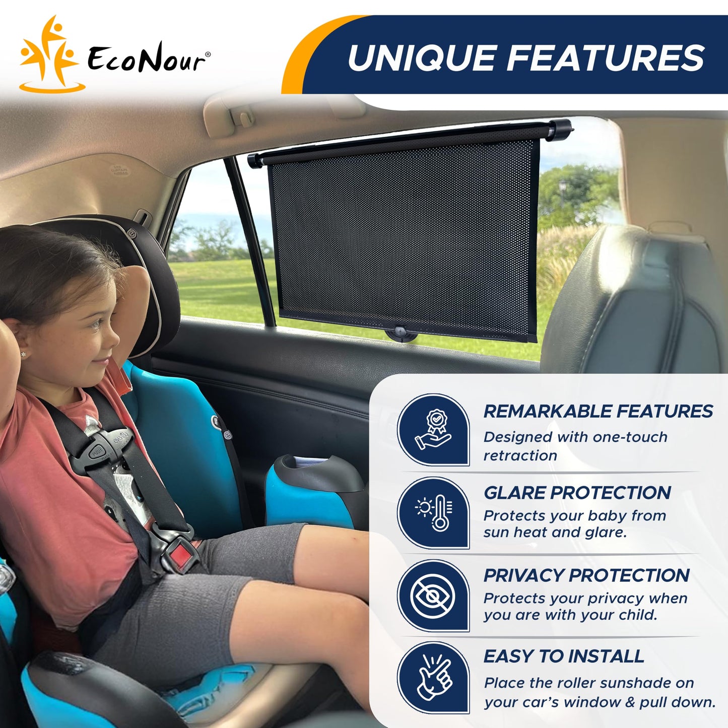 Car Window Shades for Baby (15" x 17") 2 Pack | Suction Cup | EcoNour